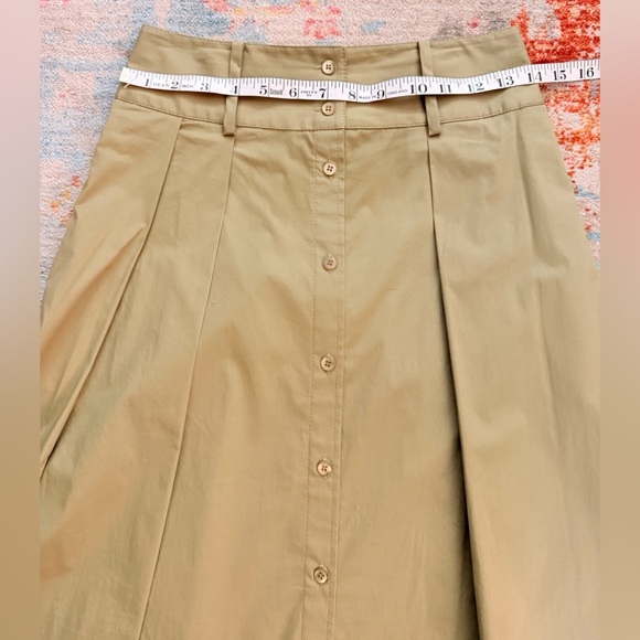 STAUD Khaki Button-Front A-Line Kingsley Midi Skirt sz 2 Pleated Stretch Cotton - Picture 4 of 8